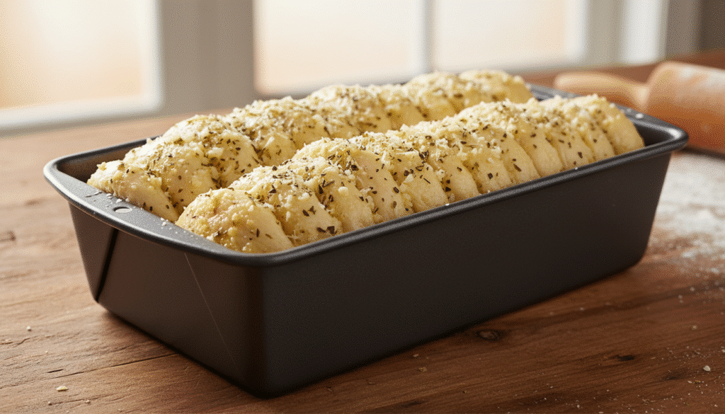 image - Garlic Parmesan Pull-Apart Rolls Recipe Freshly baked garlic pull-apart bread with herbs in a loaf pan on a wooden table, ready to serve.