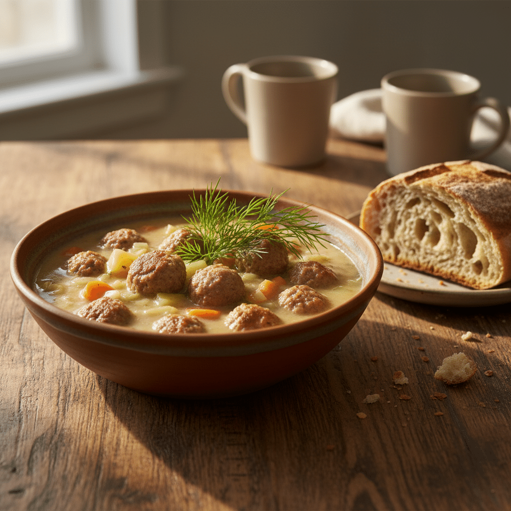 Hearty meatball soup with vegetables and fresh dill, served with rustic bread on a wooden table, morning light.