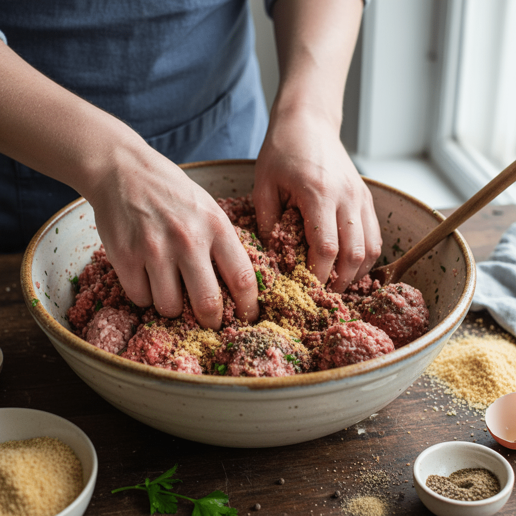 Hands mixing ground meat, breadcrumbs, and herbs in a bowl, preparing meatball mixture.