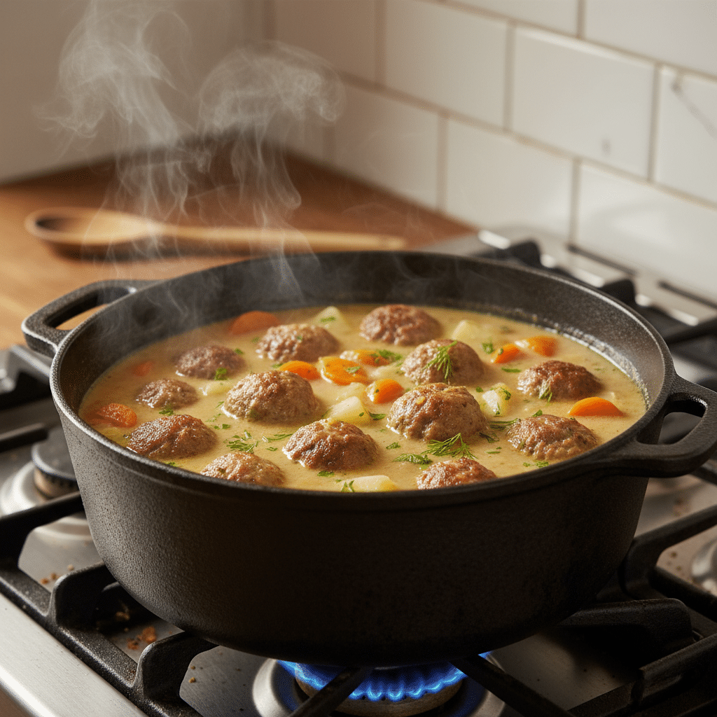 Steaming pot of meatballs and vegetables simmering in broth on stove.