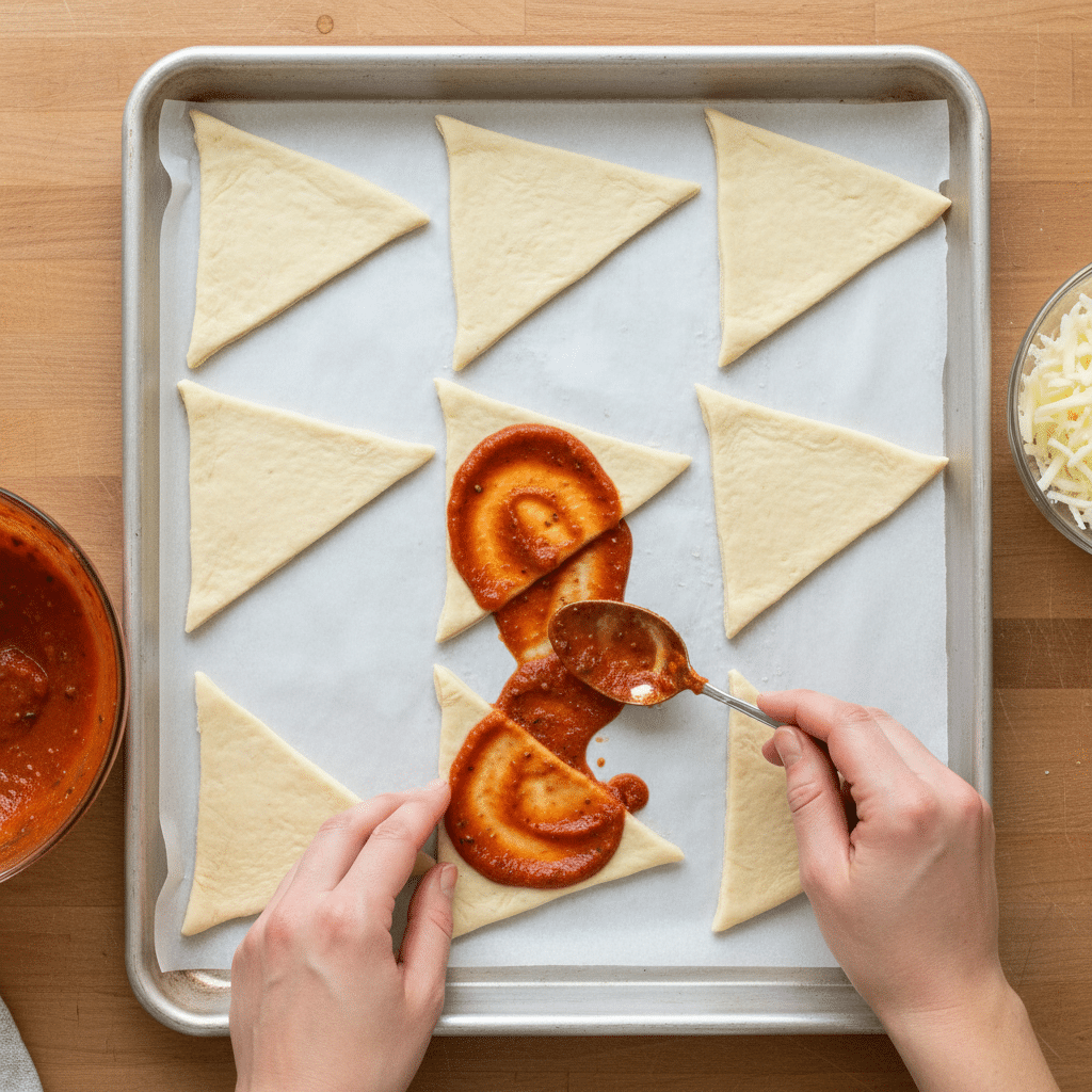 Preparing pizza dough triangles with tomato sauce on a baking sheet for homemade snacks.