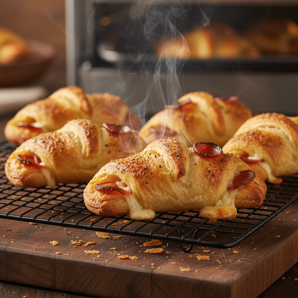 Freshly baked cheese and pepperoni crescent rolls cooling on a wire rack in the kitchen.
