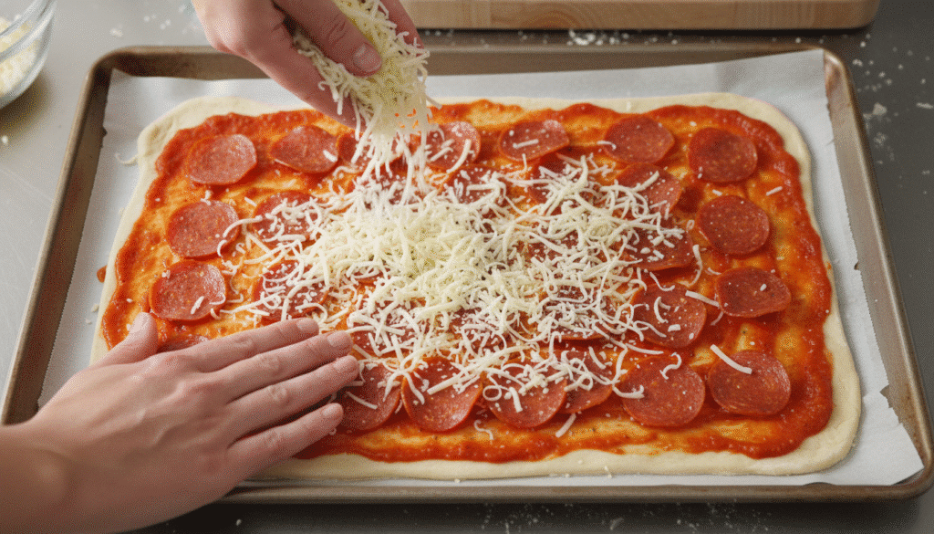 Adding cheese to pepperoni pizza on a baking tray, ready for the oven.