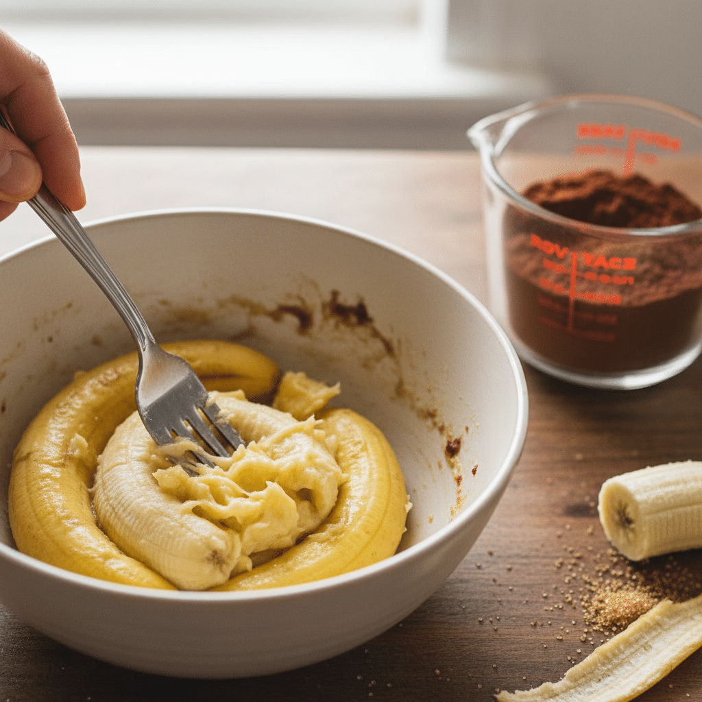 Mashing bananas in a bowl with a fork for baking preparation, cocoa powder and sugar on wooden counter.