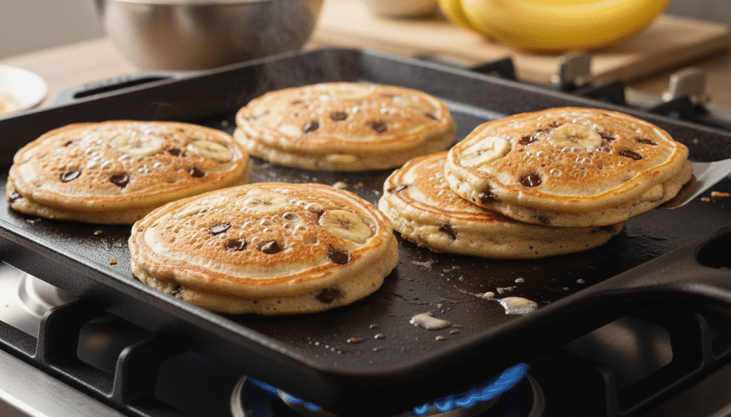 Banana chocolate chip pancakes sizzling on a griddle, with golden-brown texture and fresh banana slices.