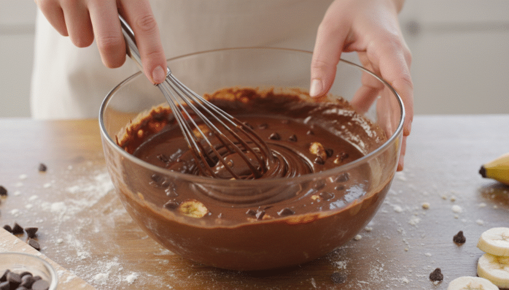 Person mixing chocolate batter with bananas and chocolate chips in a glass bowl for a delicious homemade dessert.
