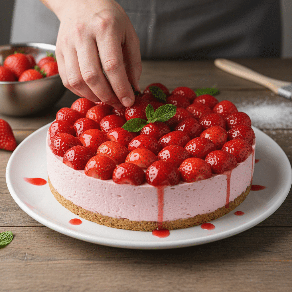 Person garnishing a strawberry cheesecake with fresh mint leaves on a rustic wooden table.