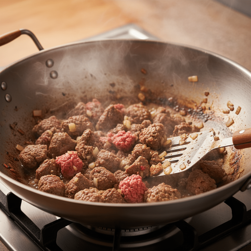 Sizzling ground beef and onions cooking in a pan with spatula, emitting steam on stovetop.