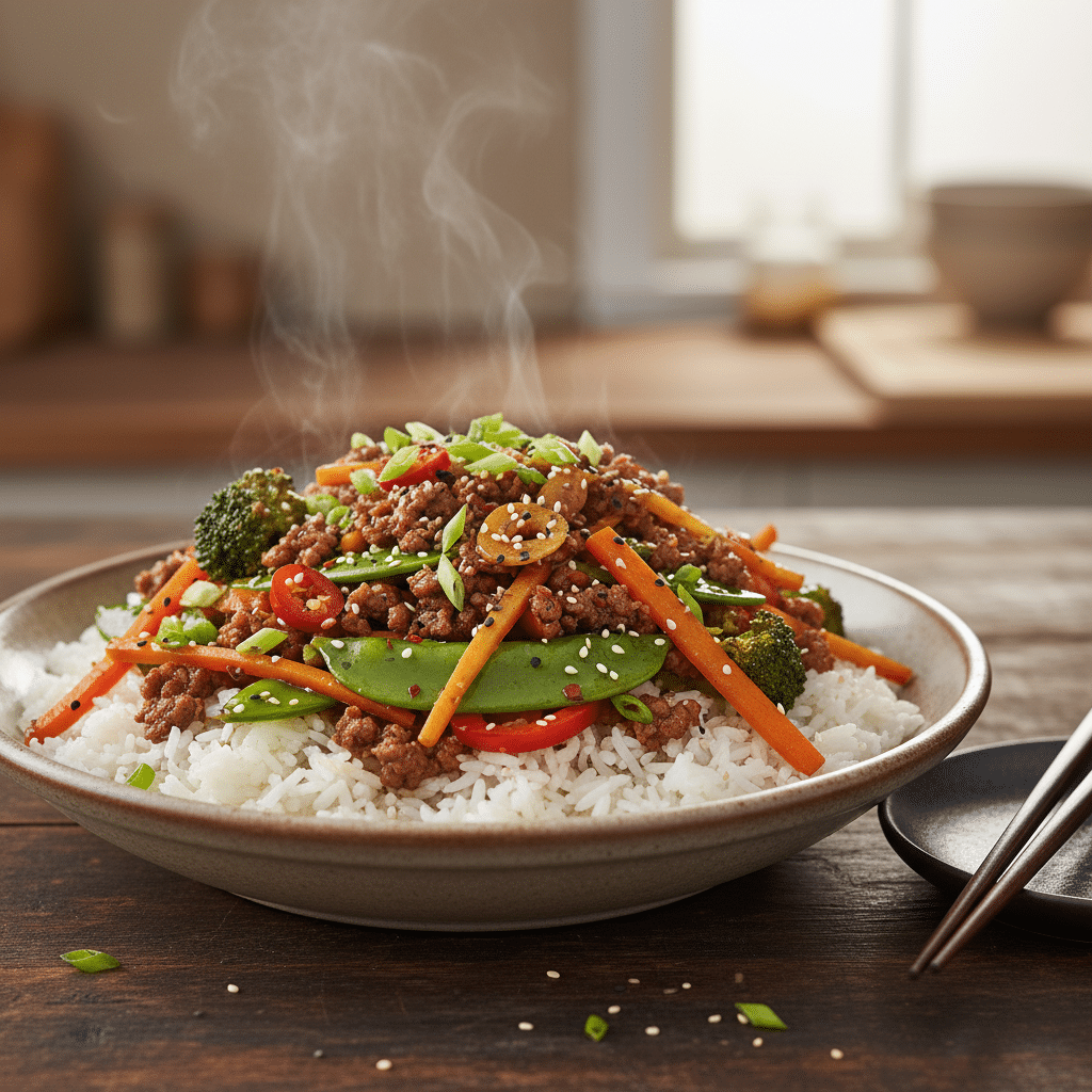Steaming Asian stir-fry with beef, vegetables, and sesame seeds on a bed of white rice, served in a bowl.