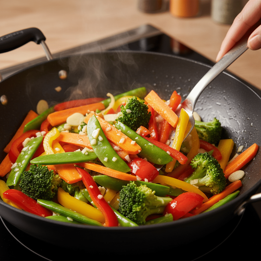 Colorful stir-fried vegetables including broccoli, bell peppers, and carrots cooking in a pan.
