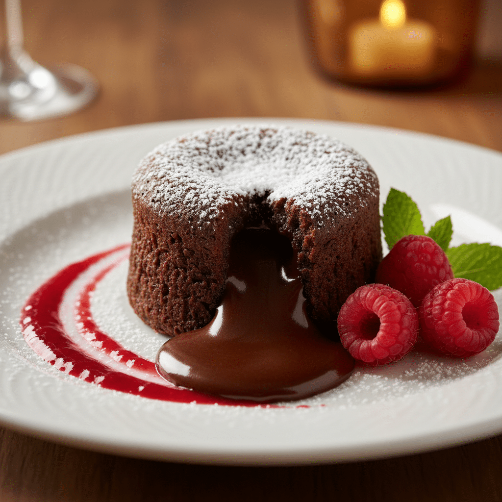 Molten chocolate lava cake with raspberries and mint on a white plate, garnished with red sauce and powdered sugar.