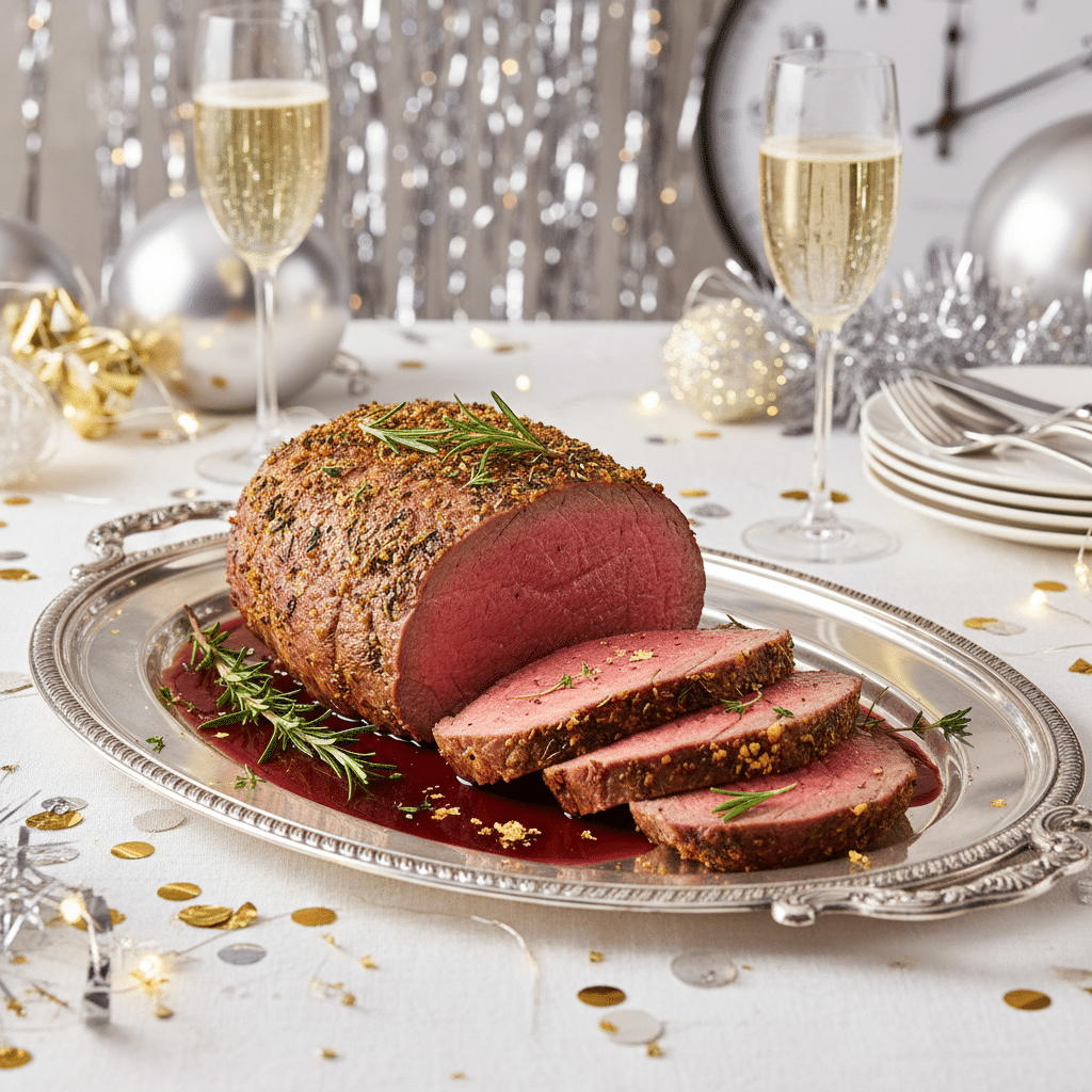 Festive roast beef on silver platter with champagne, adorned with rosemary and gold decor, perfect for celebrations.