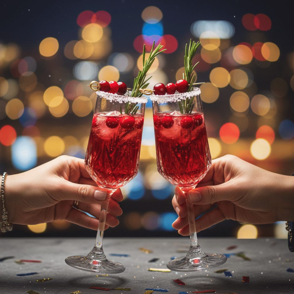 Festive cranberry cocktails clinking with bokeh city lights in the background, garnished with rosemary and cranberries.