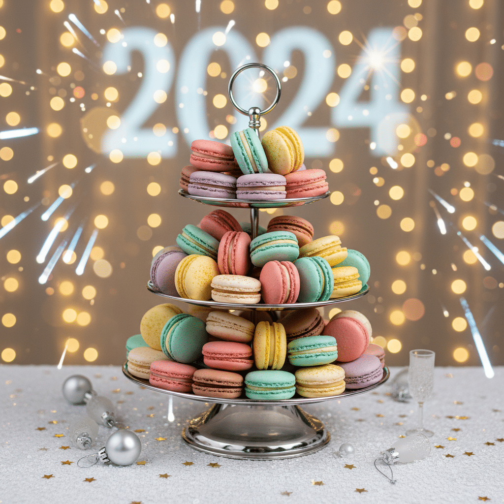 Tiered macarons display for 2024 celebration, with bokeh lights and festive decorations in the background.