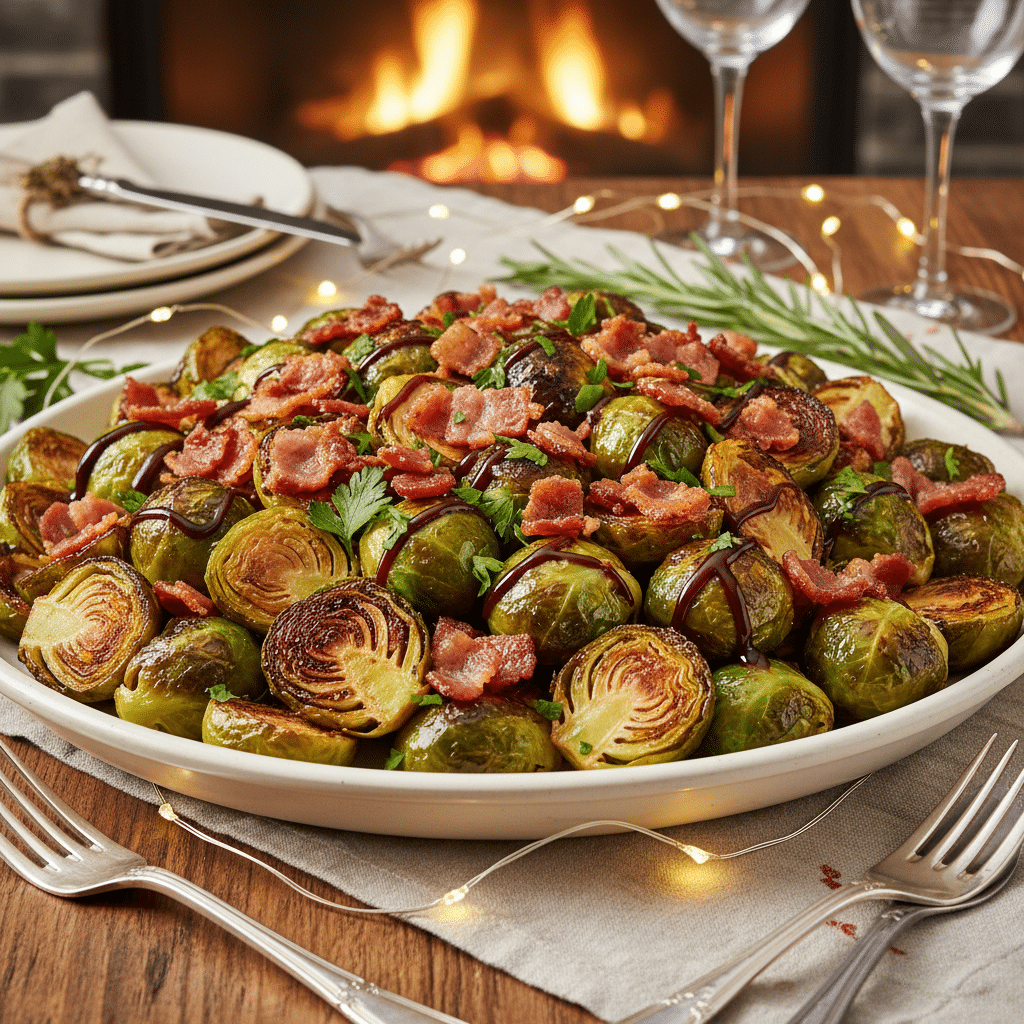 Roasted Brussels sprouts with crispy bacon on a platter, garnished with herbs, in a cozy setting near a fireplace.