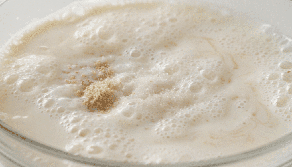 Foamy yeast mixture with sugar in a glass bowl, ideal for baking recipes or dough preparation.