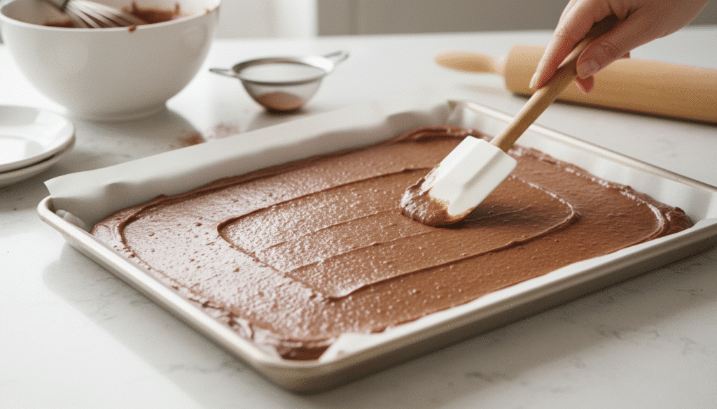 Spreading chocolate batter on a baking tray with a spatula, baking preparation in a kitchen setting.
