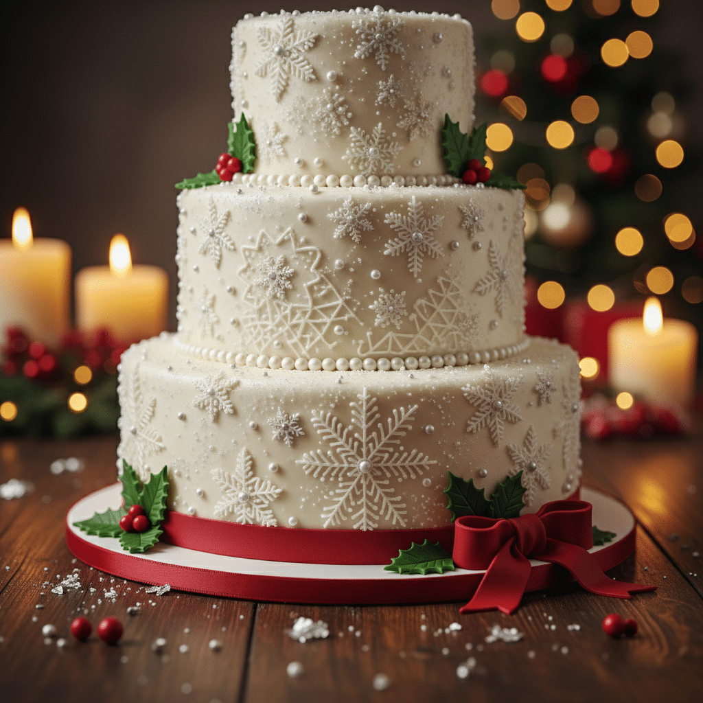 image - Festive Christmas Cake Decor Ideas Three-tier holiday cake with snowflake designs, red ribbon, holly berries, and candles in the background.
