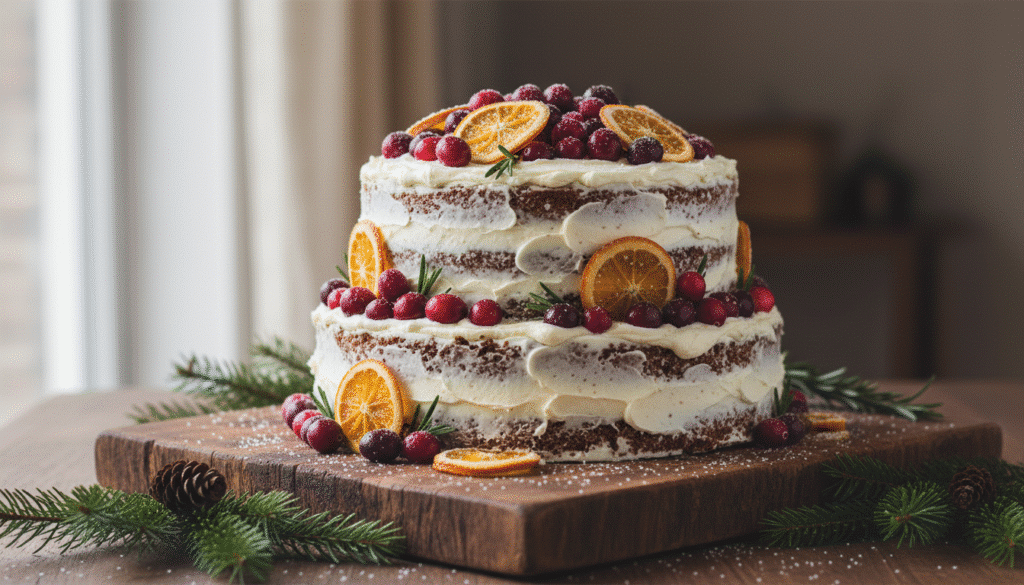 image - Festive Christmas Cake Decor Ideas Two-tier naked cake with white frosting, garnished with cranberries and dried oranges, on a wooden board with pine sprigs.