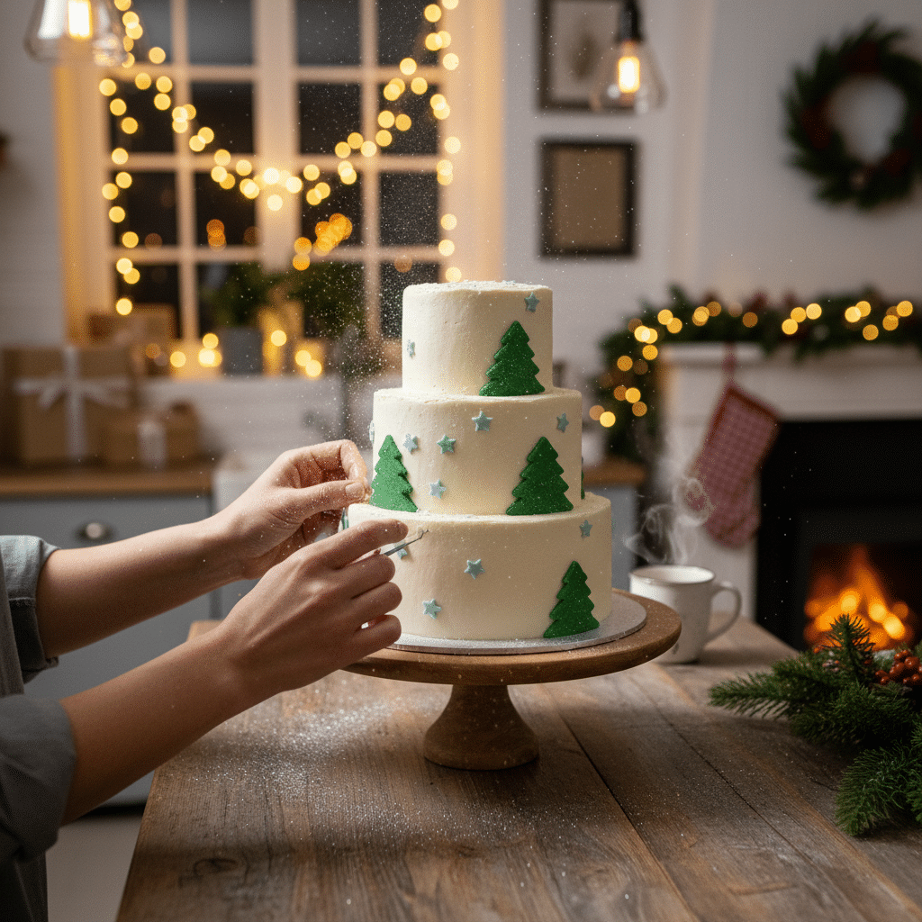 image - Festive Christmas Cake Decor Ideas Person decorating festive three-tier cake with Christmas tree design in cozy holiday setting.
