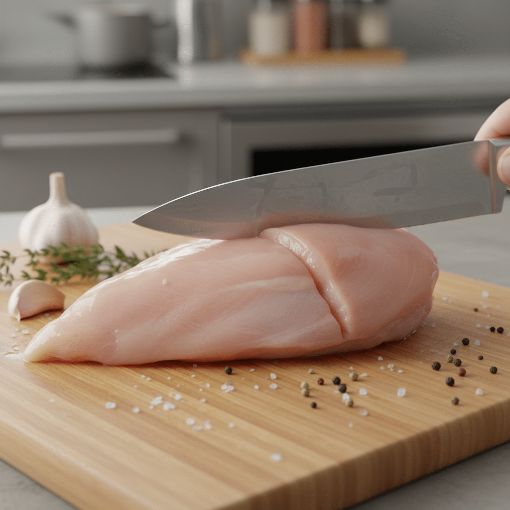 Cutting raw chicken breast on a wood board with garlic and herbs for a fresh, healthy meal prep in the kitchen.
