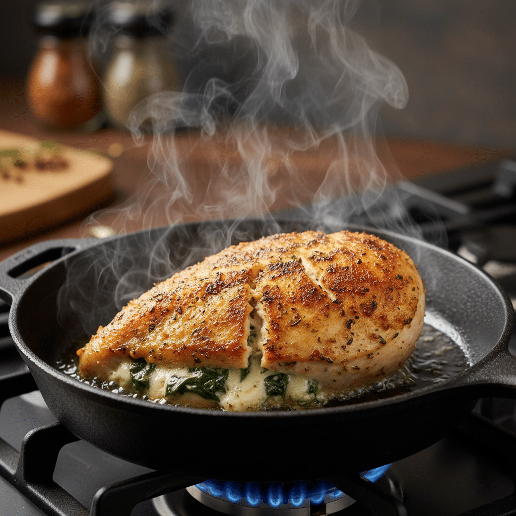 Stuffed chicken breast with cheese and spinach sizzling in a cast iron skillet, on a stove with visible steam.