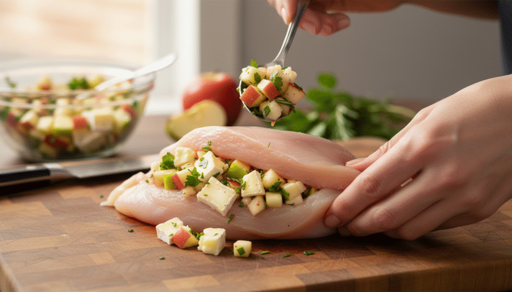 Stuffing chicken breast with diced apples and herbs on a wooden cutting board in a kitchen setting.