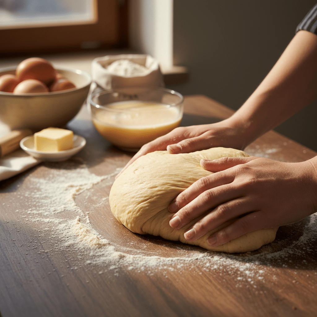 Hands kneading dough on a floured surface with baking ingredients in the background, sunlight streaming through a window.