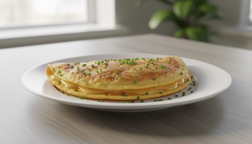 Cheese omelette garnished with chives on a white plate, placed on a wooden table near a window with blurred green plant.