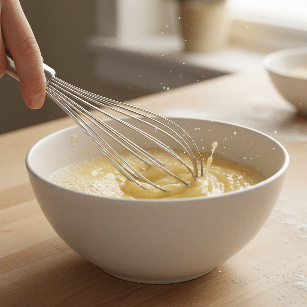 Hand whisking batter in a white bowl on a wooden kitchen counter, capturing the process of baking preparation.