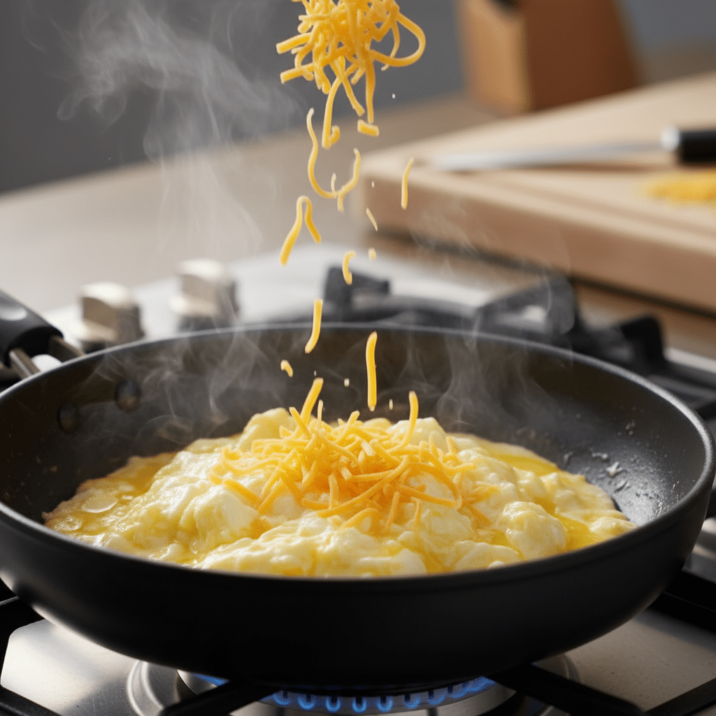 Scrambled eggs cooking in a pan, topped with melting shredded cheese on a stove.