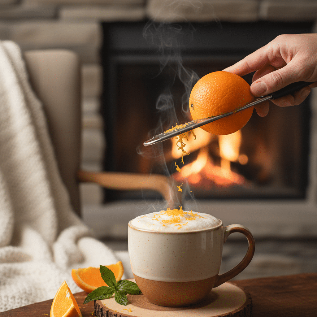 Grating orange zest over a steaming cup in a cozy setting with a fireplace in the background.