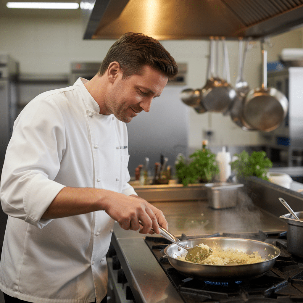 Chef cooking in a professional kitchen, stirring a pan with focused attention.