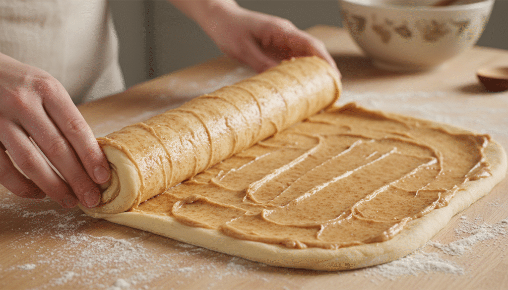 Rolling dough with cinnamon filling on a floured surface, ready to bake.