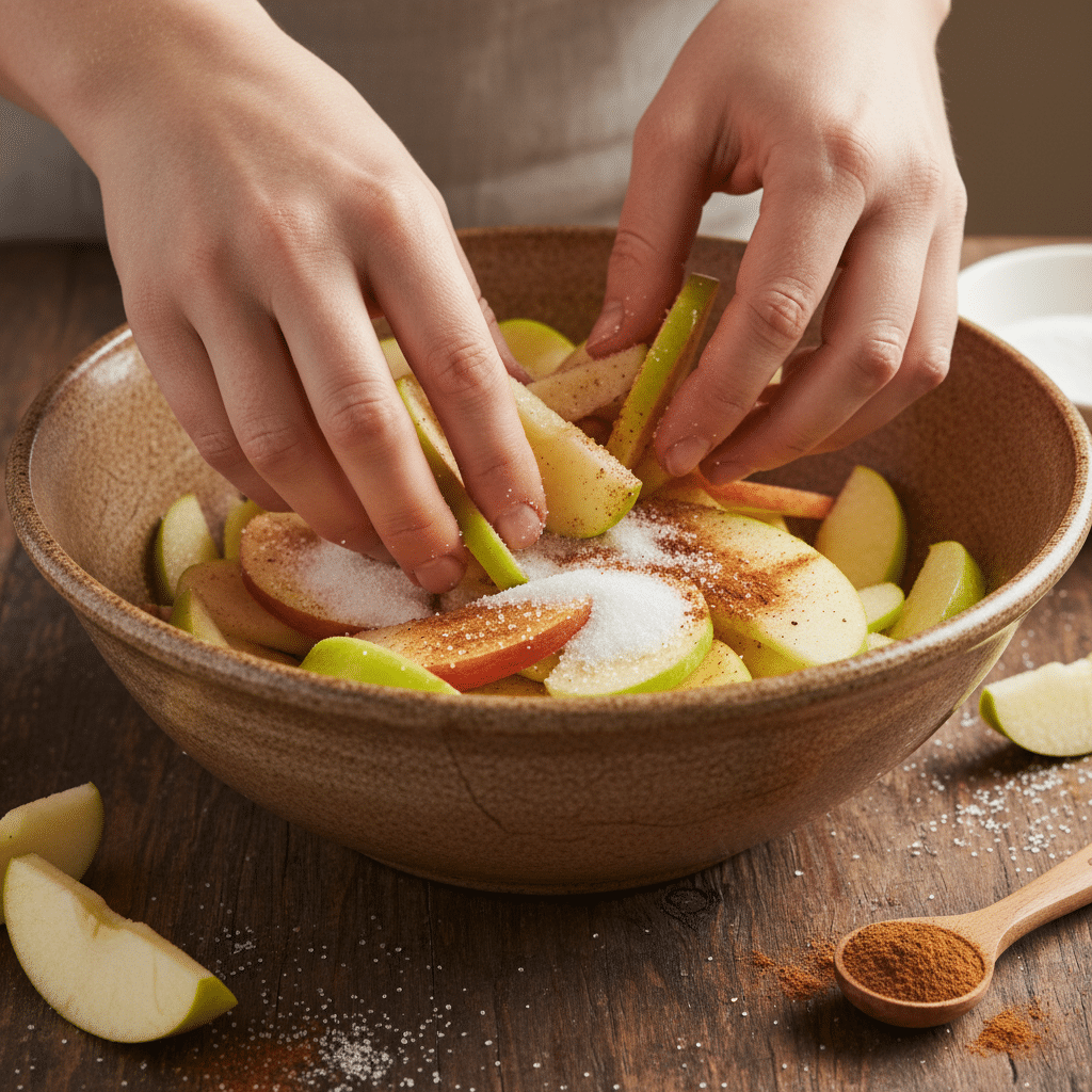image - Classic Homemade Apple Pie Recipe Hands preparing apple slices with sugar and cinnamon in a bowl, on a rustic wooden table.