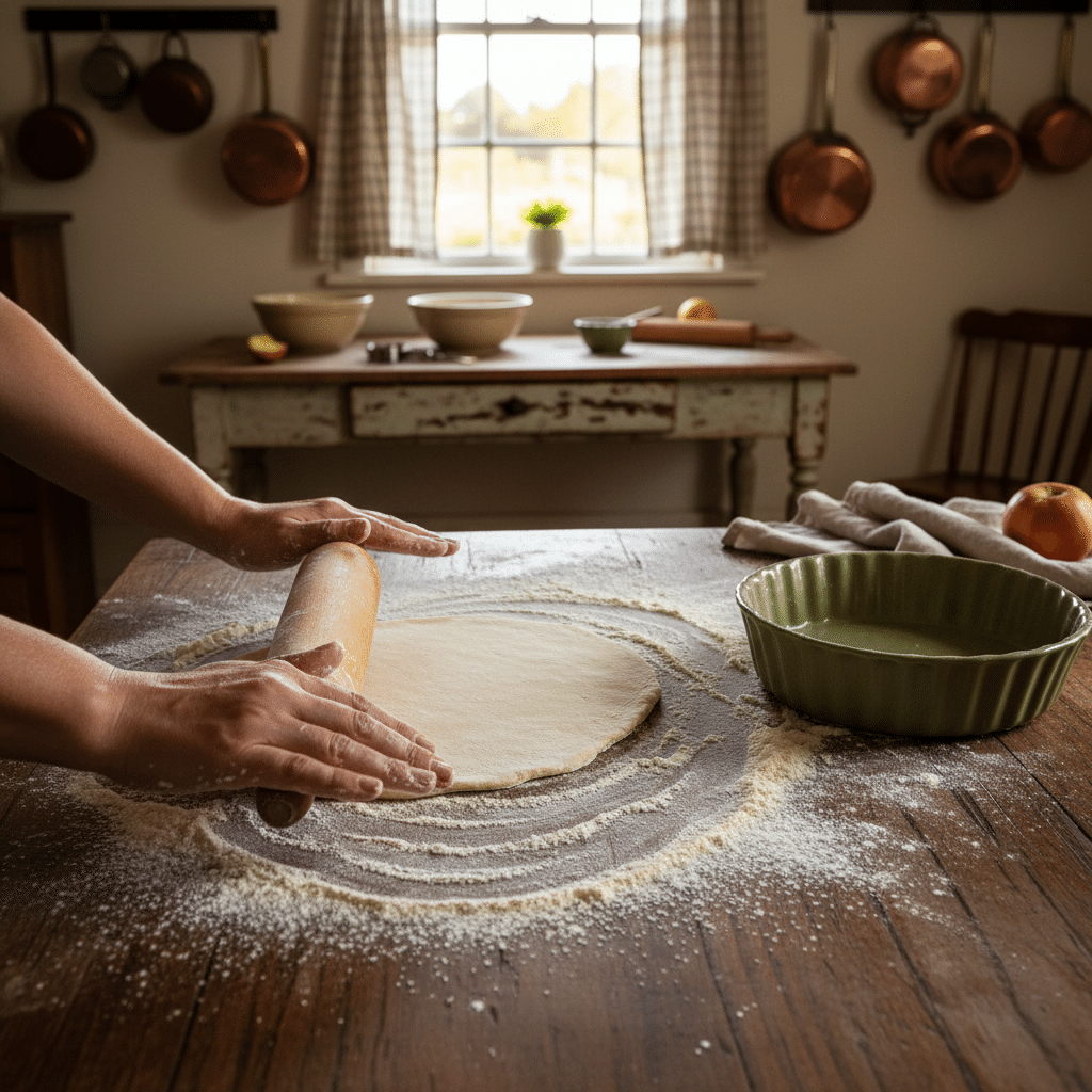 image - Classic Homemade Apple Pie Recipe Rolling out pastry dough on a floured wooden table in a rustic kitchen setting.