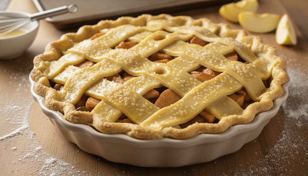 image - Classic Homemade Apple Pie Recipe Homemade apple pie with lattice crust, fresh from the oven, sprinkled with sugar.