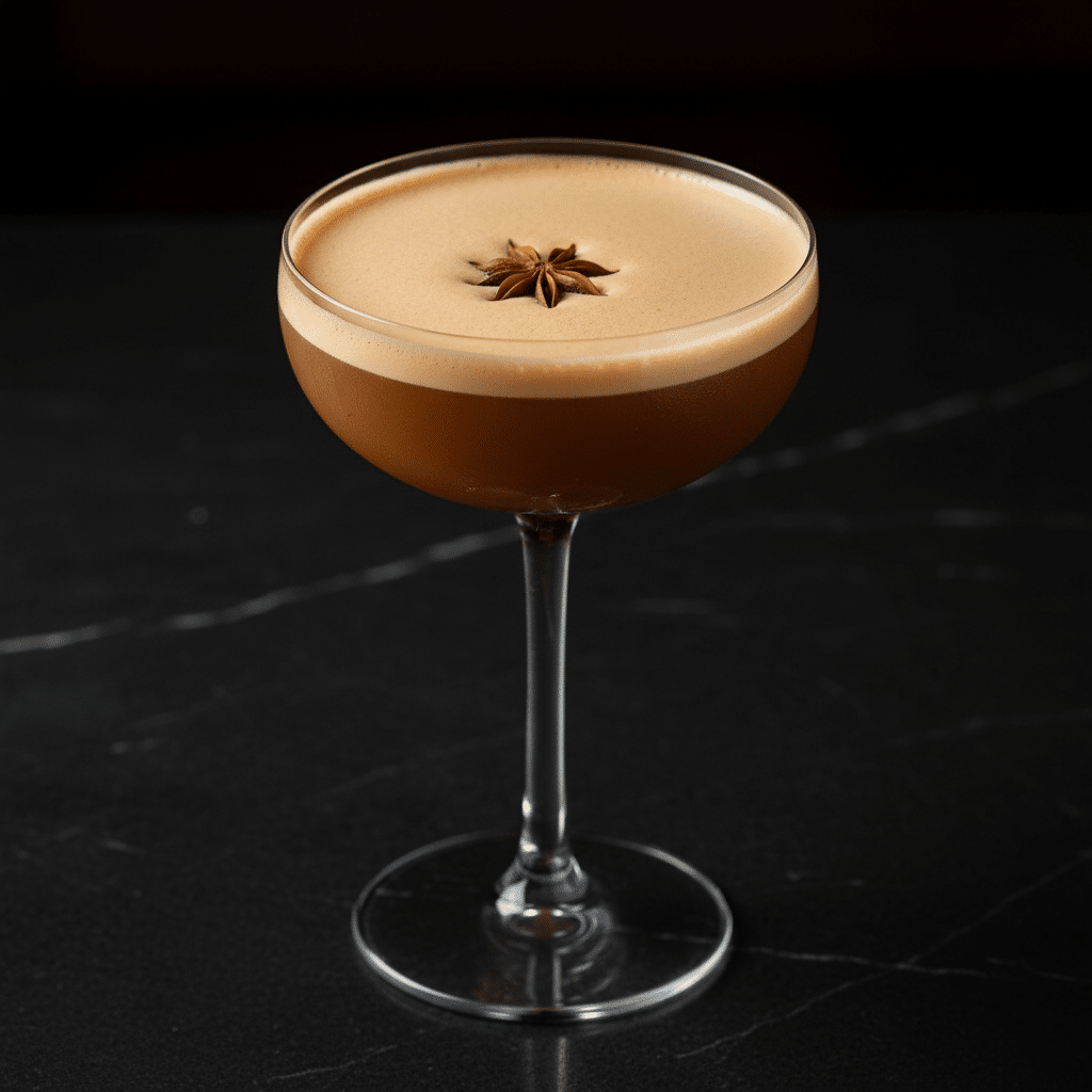 Elegant cocktail in a coupe glass topped with star anise on a dark marble surface.