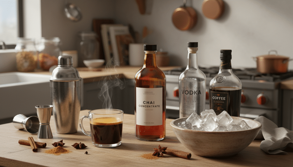 Kitchen counter with chai concentrate, vodka, and coffee bottles, ice bowl, cocktail shaker, and steaming cup.