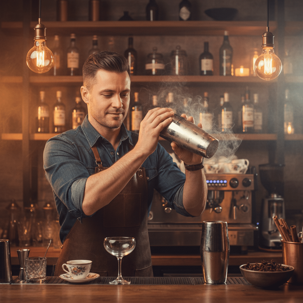 Bartender shaking cocktail in cozy bar setting with warm lighting and shelves of bottles.