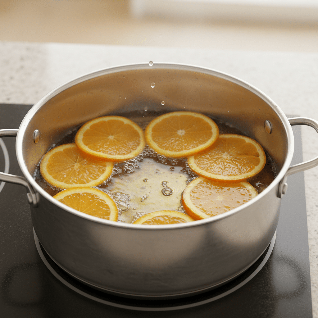 Sliced oranges simmering in a pot, creating a fragrant and inviting aroma on a stovetop.