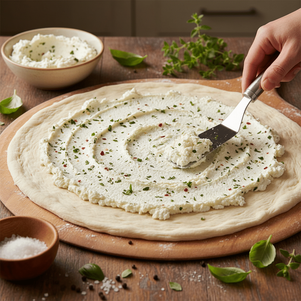 image - Hot Honey Ricotta Pizza Delight | Sweet & Spicy Recipe Spreading ricotta cheese on pizza dough with fresh herbs and spices on a wooden surface.