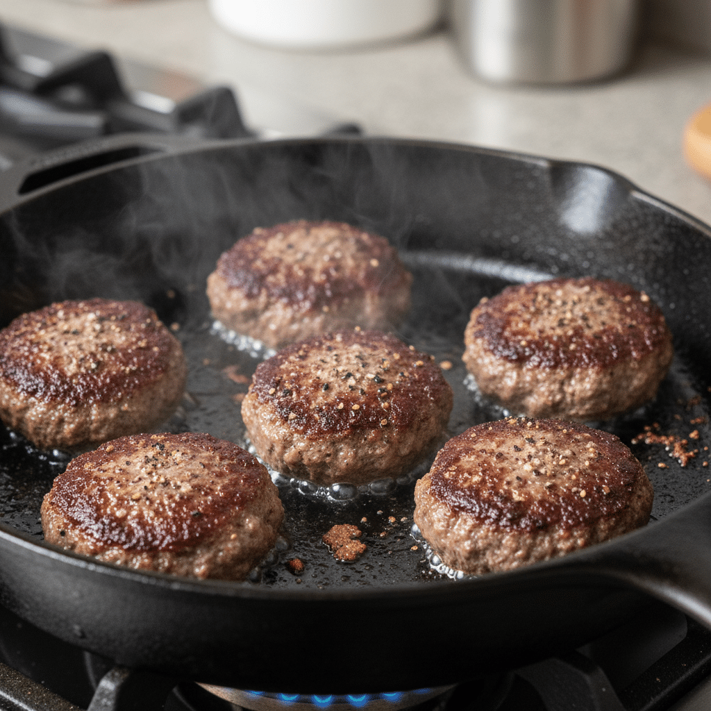 Six juicy burger patties sizzling on a hot skillet, seasoned with pepper for a delicious homemade meal preparation.