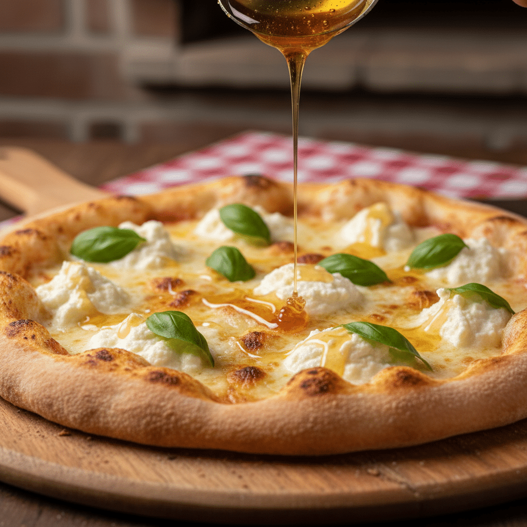 image - Hot Honey Ricotta Pizza Delight | Sweet & Spicy Recipe Drizzling honey over a gourmet pizza topped with fresh basil and ricotta on a wooden board.
