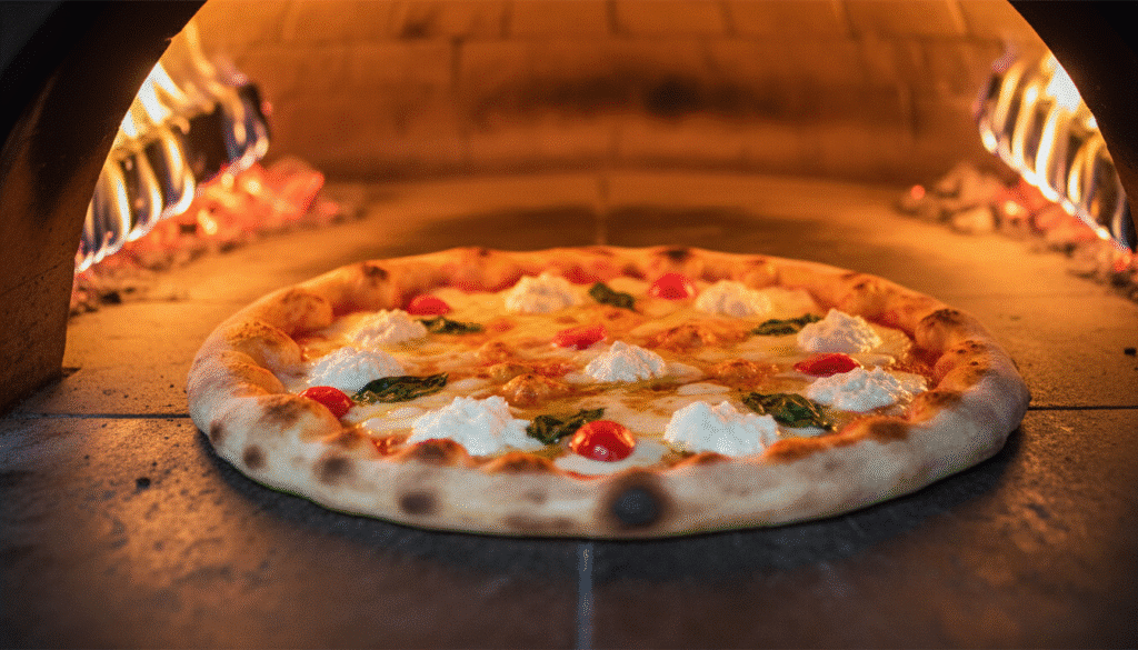 image - Hot Honey Ricotta Pizza Delight | Sweet & Spicy Recipe Wood-fired pizza with ricotta, tomatoes, and basil baking in a traditional brick oven.