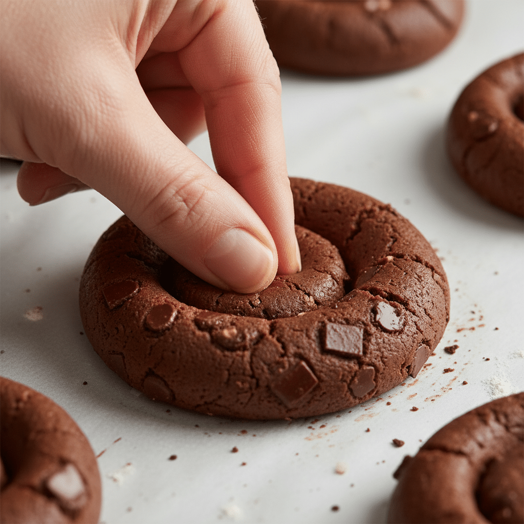Hand pressing chocolate cookie dough with chocolate chunks on a baking tray, ready for baking.