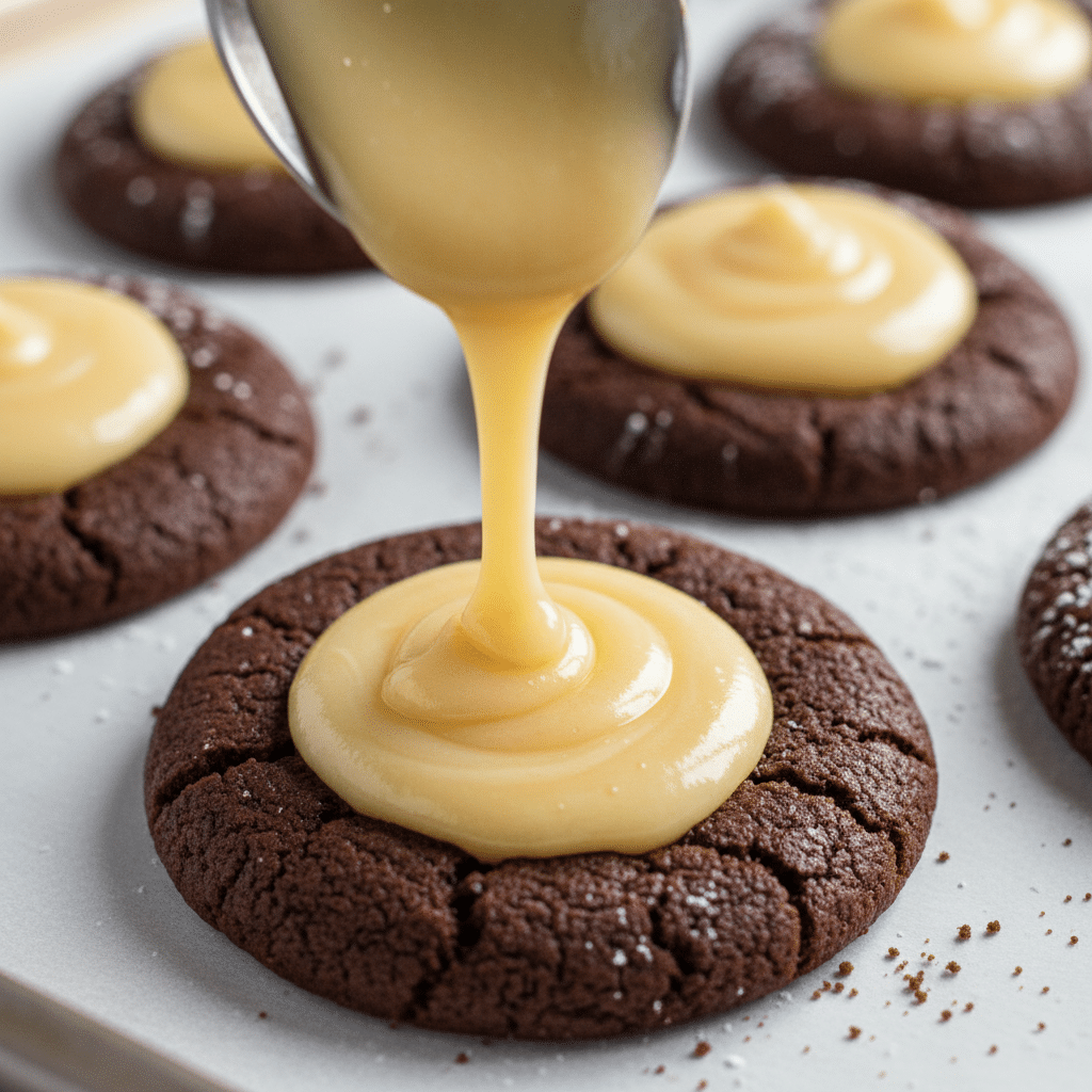 Pouring creamy custard onto chocolate cookies for a delicious dessert topping.