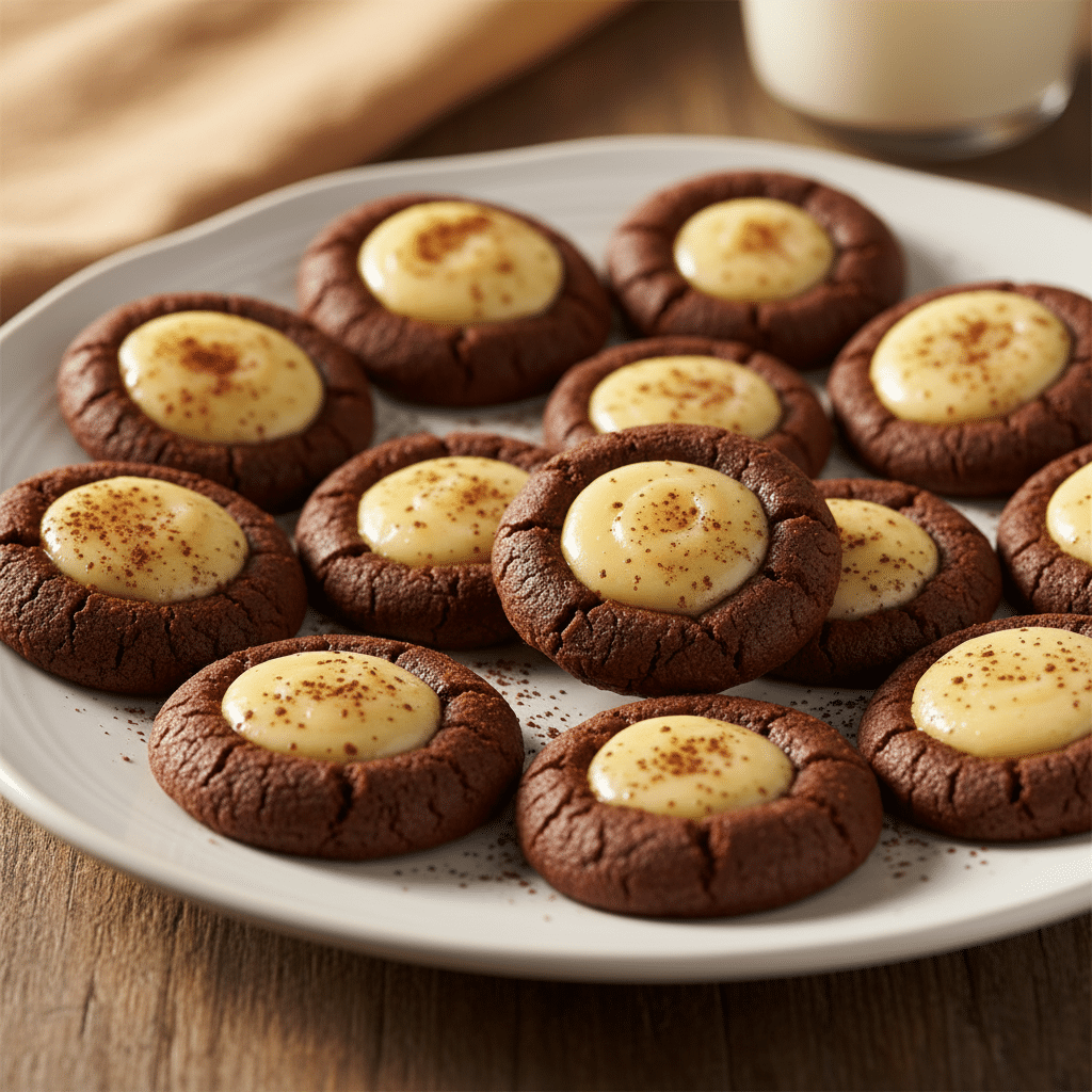Delicious chocolate thumbprint cookies with creamy center on a white plate, perfect for dessert or a sweet treat.