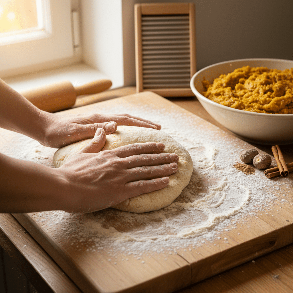 Person kneading dough on a floured surface with pumpkin puree and spices nearby, in a cozy kitchen setting.