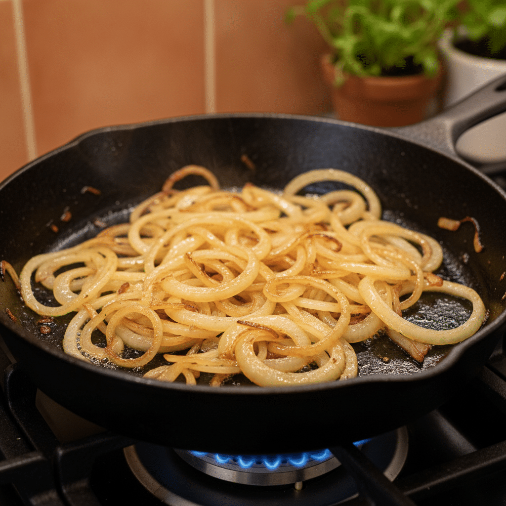 Golden brown onion rings frying in a black skillet on a stove, perfect for enhancing flavors in recipes.